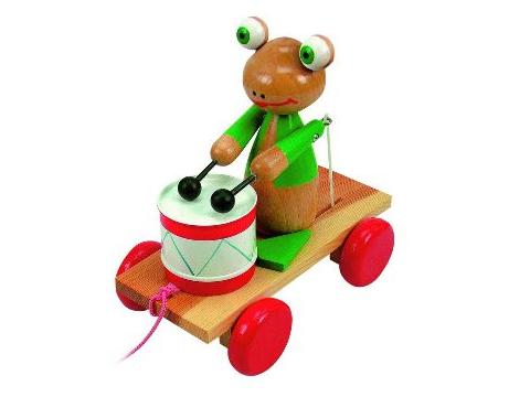 Деревянная игрушка-каталка Woody - Лягушка с барабаном, на движение